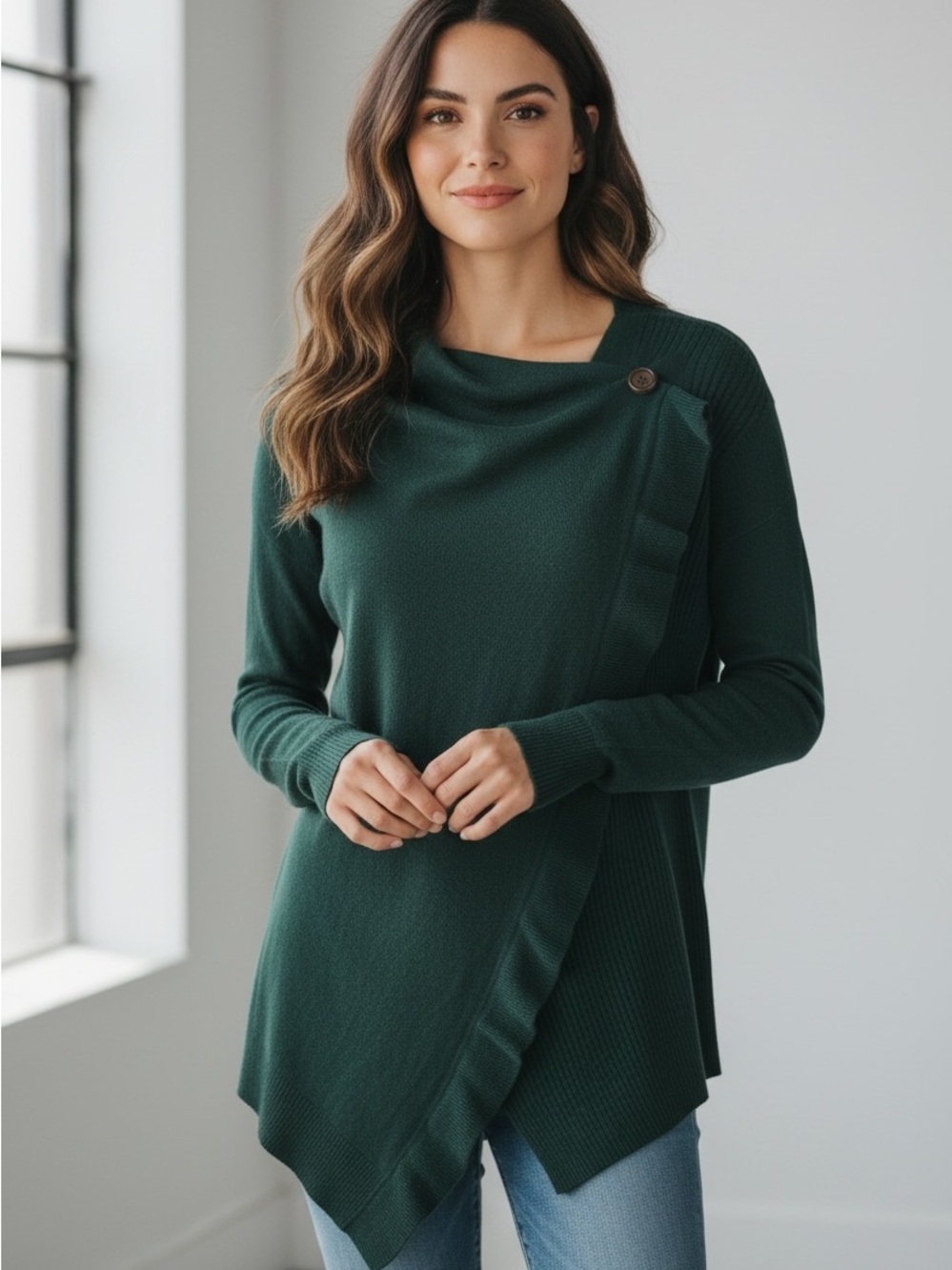 Knox Rose Forest Green Asymmetric Ruffle Knit Top